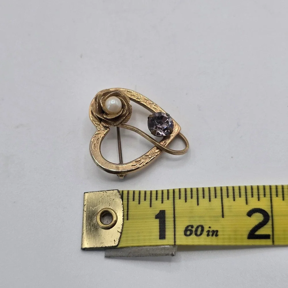 Vintage Gold Tone Heart Brooch Rose Faux Pearl Lavender Rhinestone Etched Pin